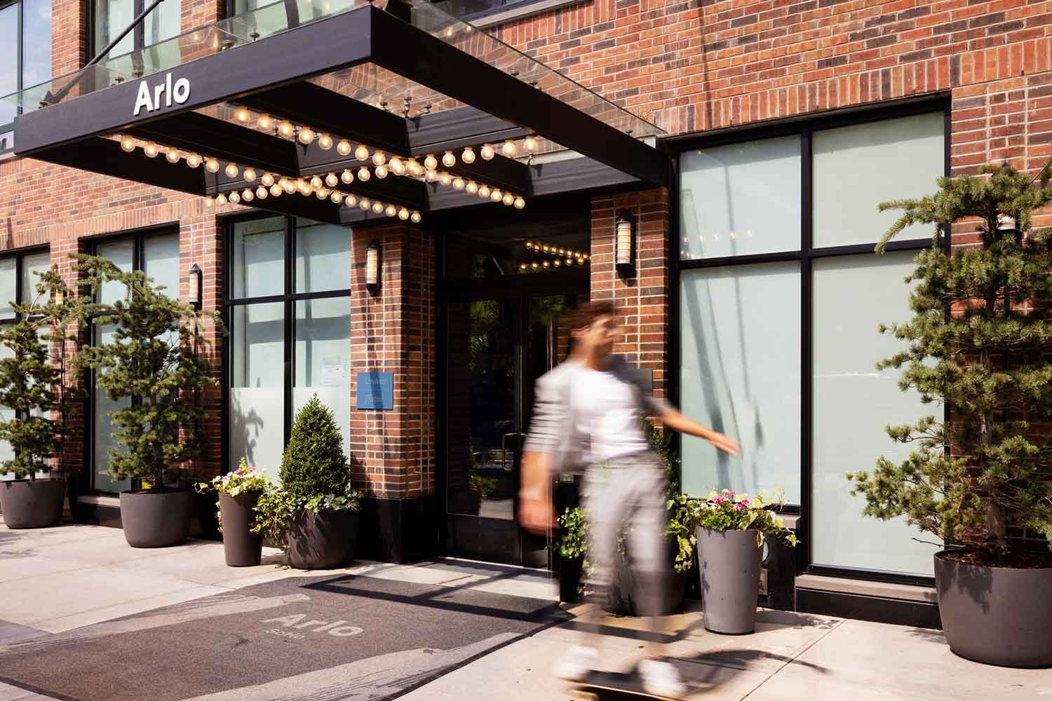 Arlo SoHo boutique hotel exterior and courtyard in Lower Manhattan