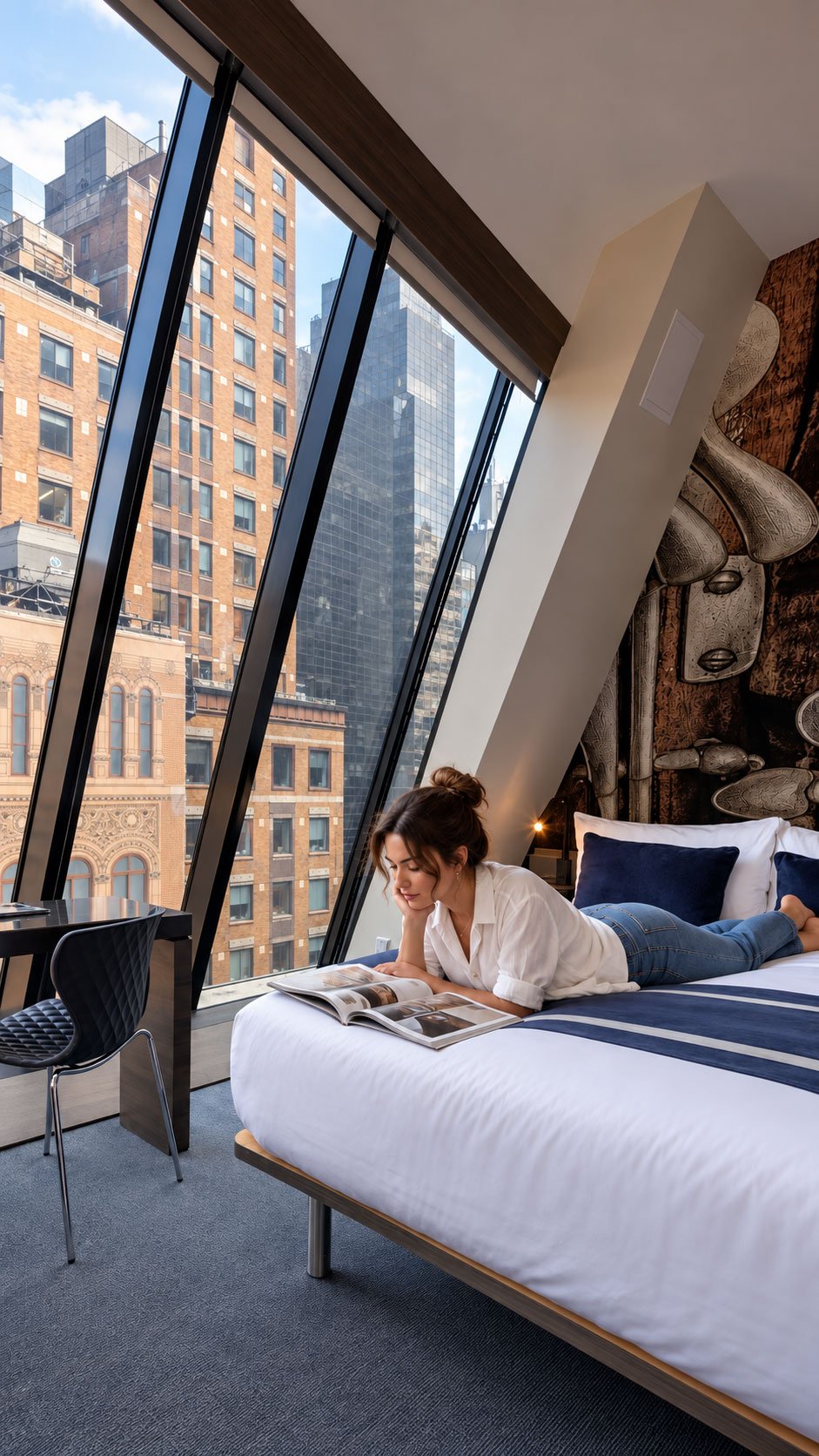 Guest reading in a Carnegie Hotel room overlooking Midtown Manhattan