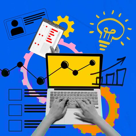 Illustration of hands typing on a laptop surrounded by analytics charts, gears, checklists, and a lightbulb, representing hotel website performance, conversion optimization, and digital strategy.