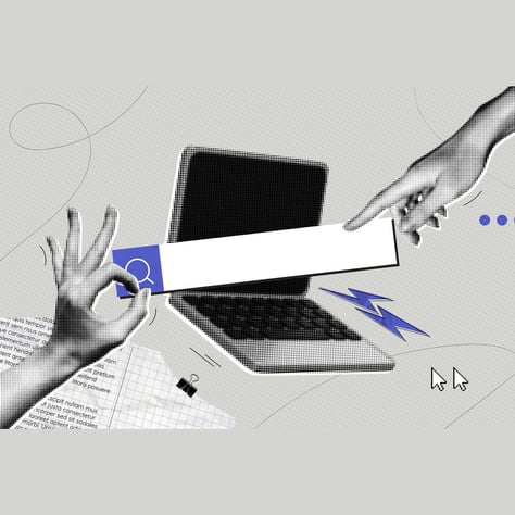Abstract illustration of a laptop with a search bar, symbolizing SEO and online visibility for hotels.