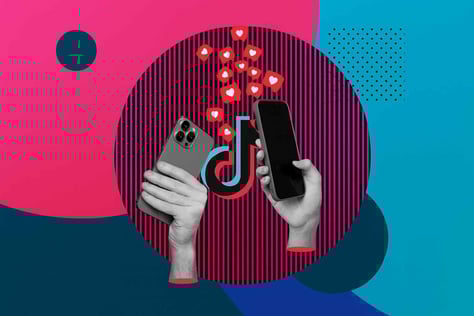 Two grayscale hands holding smartphones surrounded by floating heart icons, set against a bold TikTok-inspired background in red, cyan, and black with the TikTok logo. Represents social media engagement and the power of TikTok marketing for restaurants.