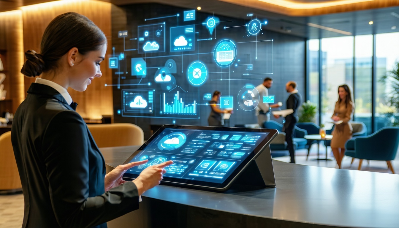 Hotel staff using a tablet for digital check-in at a modern front desk, with cloud-based PMS interface elements like booking icons, analytics charts, and automation tools in the background — representing best hotel PMS software in 2025.