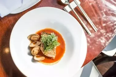 Soup with green vegetable on white ceramic plate