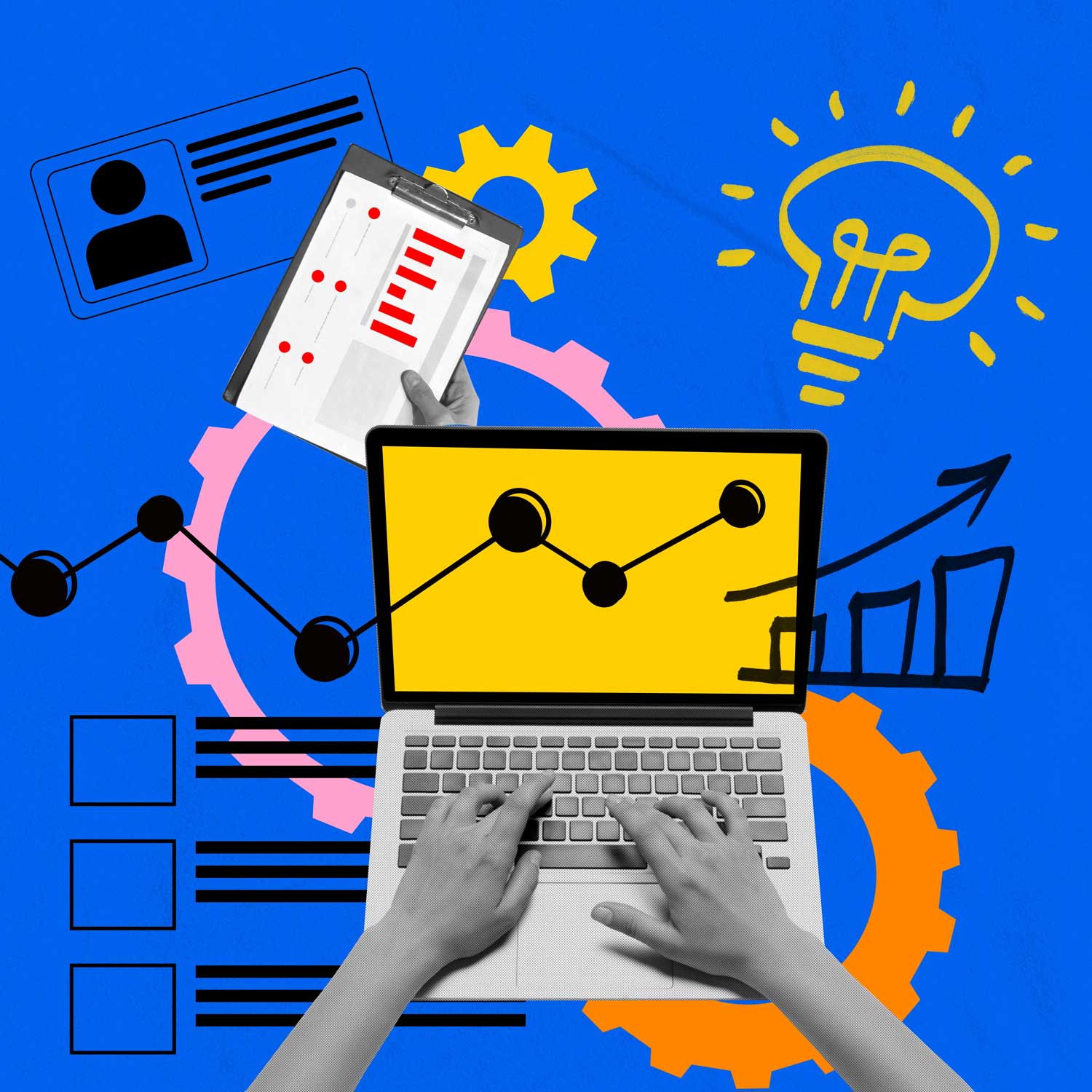 Illustration of hands typing on a laptop surrounded by analytics charts, gears, checklists, and a lightbulb, representing hotel website performance, conversion optimization, and digital strategy.