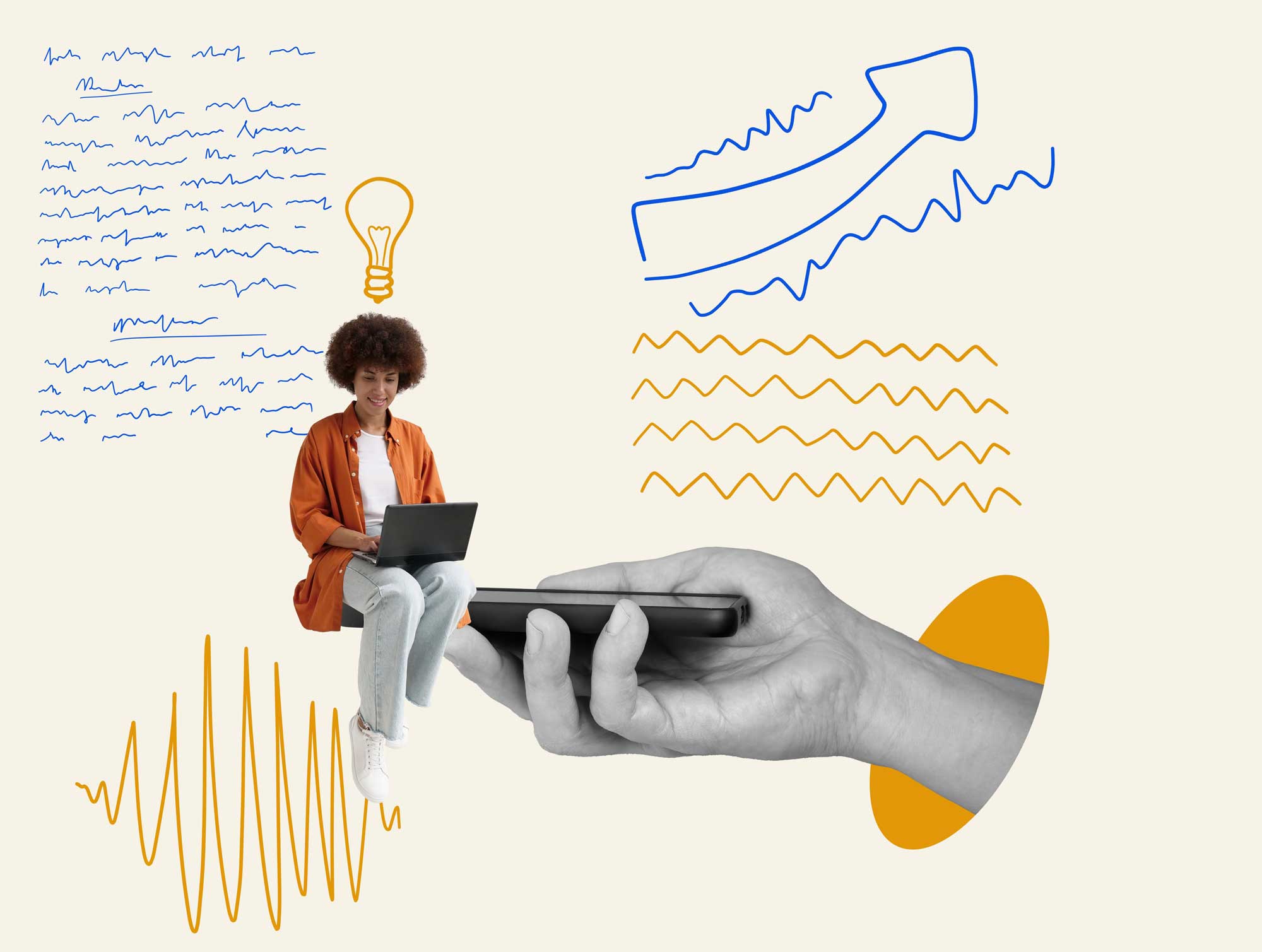 A woman using a laptop while sitting on a large hand holding a smartphone, surrounded by illustrated arrows, squiggly lines, and a lightbulb symbolizing creativity and digital growth.