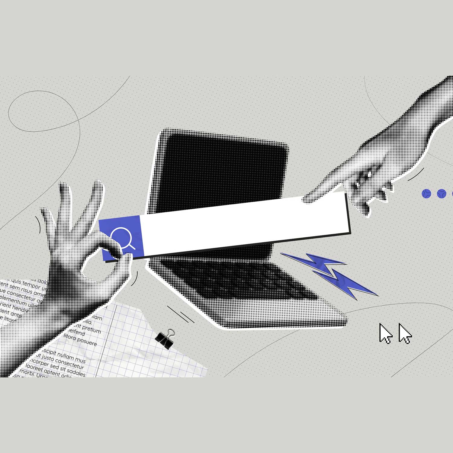 Abstract illustration of a laptop with a search bar, symbolizing SEO and online visibility for hotels.