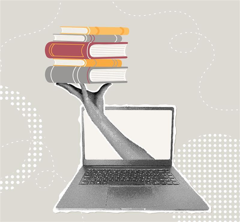 Laptop with books emerging from the screen, representing content management and digital publishing.